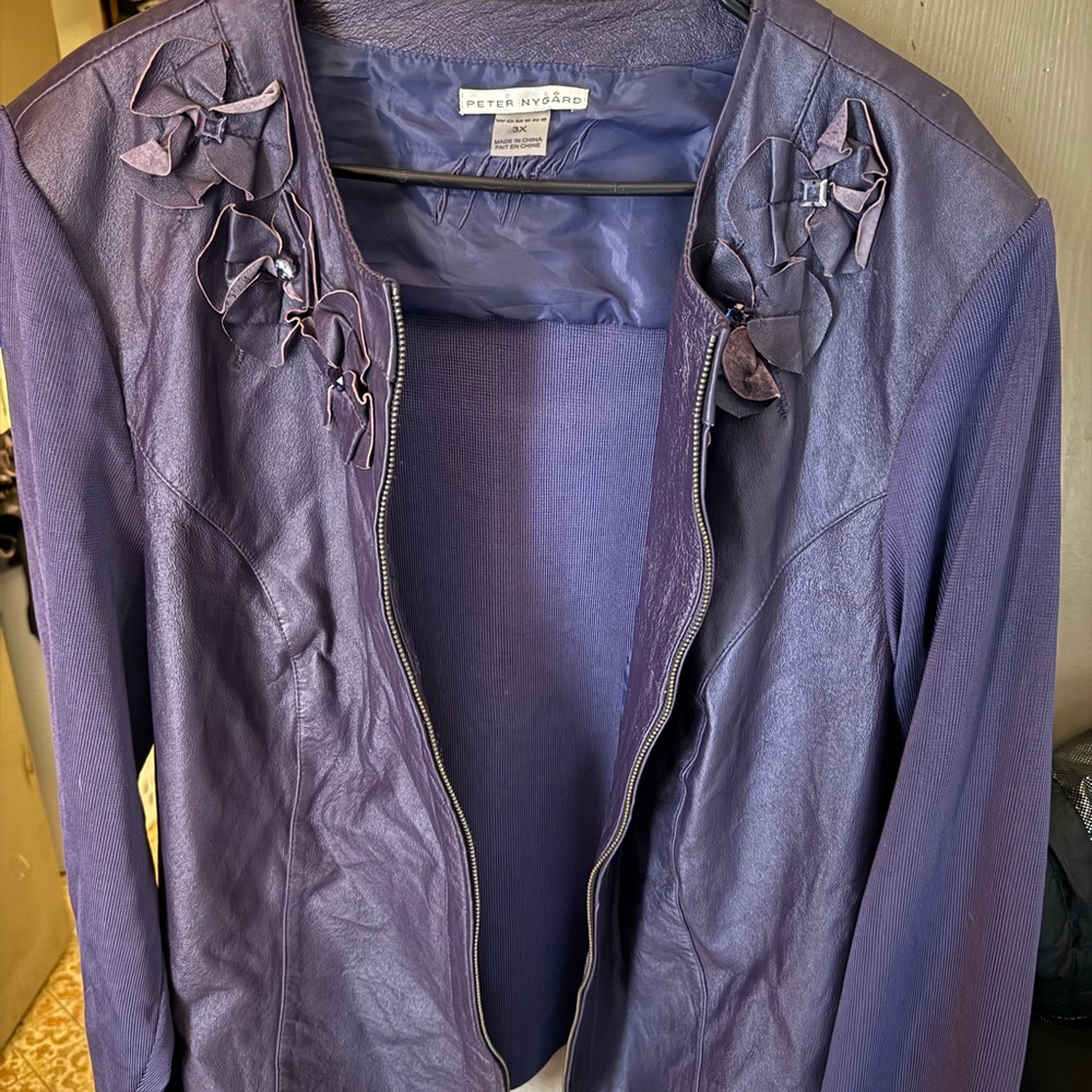 Peter Nygard Purple Leather Jacket with Floral Embellishments